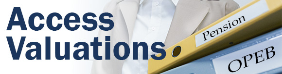 Text reading access valuations next to a woman's torso in professional dress carrying two binders that say pension and OPEB on the spines.