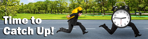 A man wearing a suit carrying a large 3D dollar sign on his back runs down the street after a large clock with legs wearing dress pants and shiny shoes. To the left of them is text reading time to catch up.
