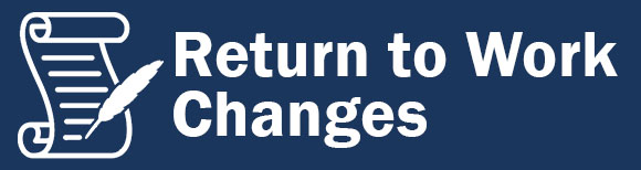 A scroll with writing on it and quill pen next to text which reads return to work changes.