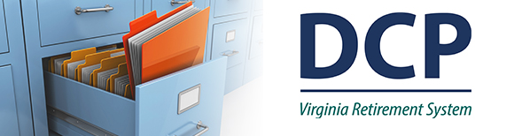 Paper file folders sticking out of a metal file cabinet drawer with the DCP logo on the right.
