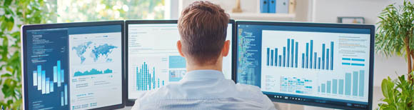 Decorative. Rear view of a man seated at a desk in an office with plants at either end and a window beyond. He is observing three side-by-side computer monitors showing financial information.