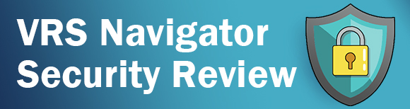 Text reading VRS Navigator Security Review next to a drawing of a shield with a padlock emblazoned on the front of it.