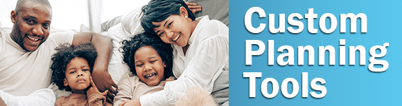 a happy family cuddling on a couch next to text which reads custom planning tools