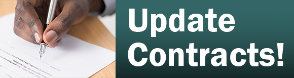 a male hand signing a paper with a pen and text which reads update contracts