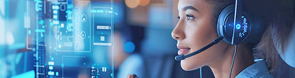 Decorative. On the right, the profile of a woman's face. She is wearing a headphones with a microphone attached. On the left are floating images of complex maps and coordinates. A co-worker is in the background.