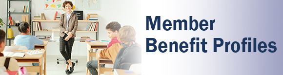 A female teacher stands in front of her classroom full of students. Text on the right reads Member Benefit Profiles.