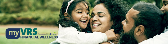 A smiling family embraces outdoors. The myVRS Financail Wellness logo is on the left. In the background is a lawn and leafy trees. Illustrative only.
