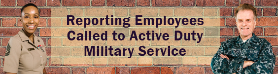 A man and woman in military garb stand on either side of a brick wall onto which is projected a slide with text saying reporting employees called to active duty military service.