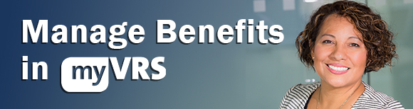 Text which reads manage benefits in my VRS with a portrait of a friendly woman in professional dress