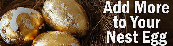 A nest with three golden eggs in it next to text reading add more to your nest egg.