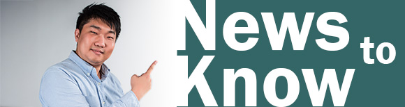 An Asian man wearing a dress shirt points to text reading news to know.
