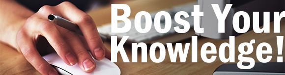 A close-up image of a hand resting on a computer mouse is on the left. To the right of it is text which reads boost your knowledge.