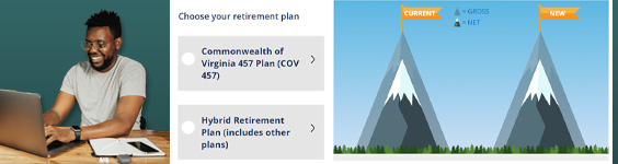 An image with a photo of a man working on his laptop on the left side and a screen capture of the paycheck calculator website page on the right side.