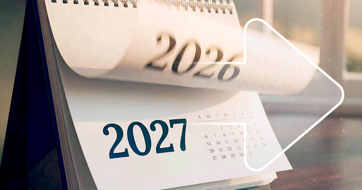 Decorative. A calendar page flips from 2026 to 2027.