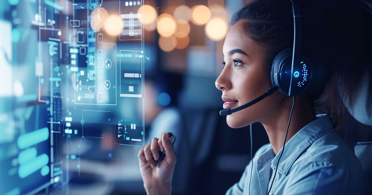 Decorative. On the right, the profile of a woman's face. She is wearing a headphones with a microphone attached. On the left are floating images of complex maps and coordinates. A co-worker is in the background.