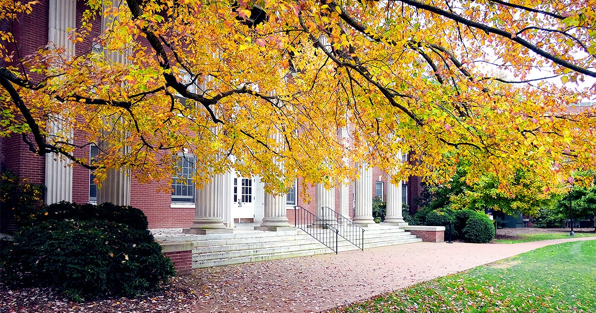 Low stairs, a stone porch with large stone columns with windows beyond them and a brick walkway with lawn are framed by low-hanging tree branches with autumn leaves at the University of Mary Washington in Fredericksburg, Virginia. Illustrative only.