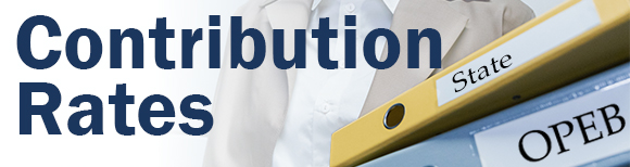 Text saying contribution rates next to a photo of the torso of a woman wearing a suit carrying two binders with labels reading state and OPEB.