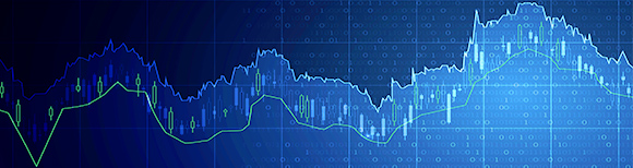 Blue and green trendlines on a dark background showing projected and actual numbers.