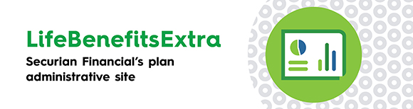 Icon of a piece of paper showing a pie chart, text and a bar graph is on the right. To the left of the icon is text which reads Life Benefits Extra, Securian Finacial's plan administrative site.