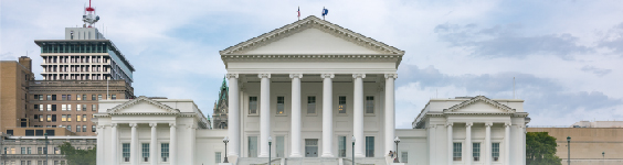 An image of the front facade of the Virginia Capitol building in Richmond, Virginia, designed by Thomas Jefferson.