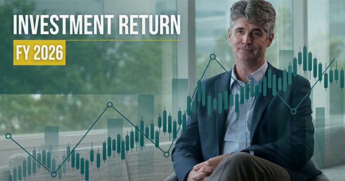 Decorative. Andrew Junkin seated on a couch on the right with large windows behind him extending to the left edge of the frame. Text in the upper left corner reads Investment Return FY 2026. Superimposed over the photo is an upward trending graph.