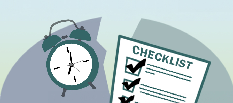 Infographic showing an alarm clock on the left and a checklist document on the right.