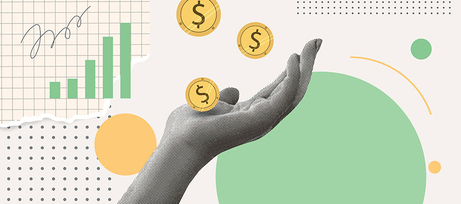 A hand with coins falling out of it